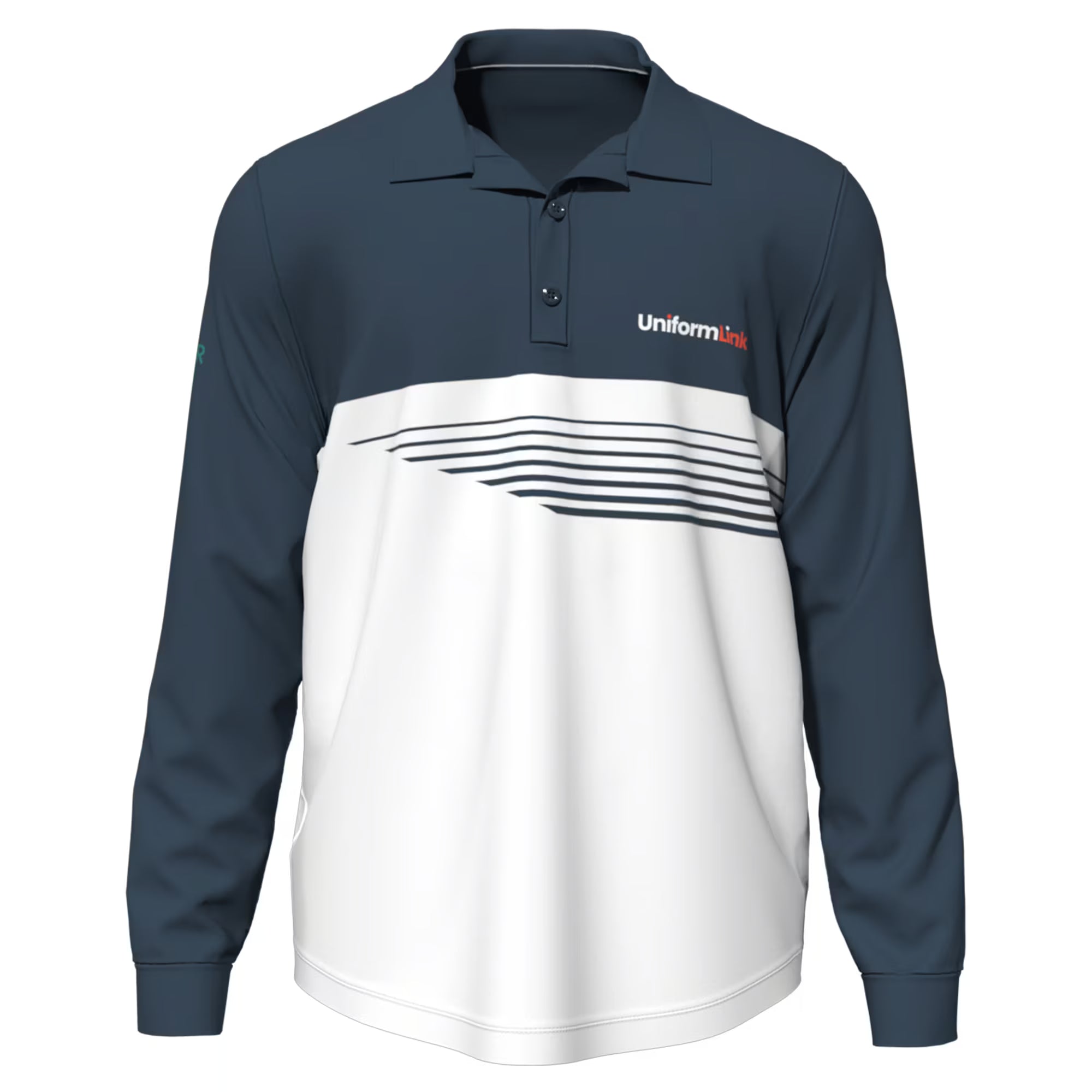 Front of navy custom sublimated long sleeve polo by Uniform Link