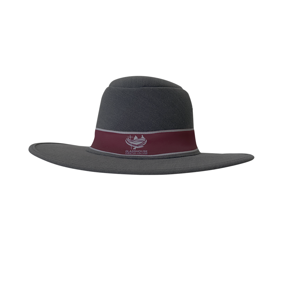 Grey and maroon custom branded school formal foam hat by Uniform Link