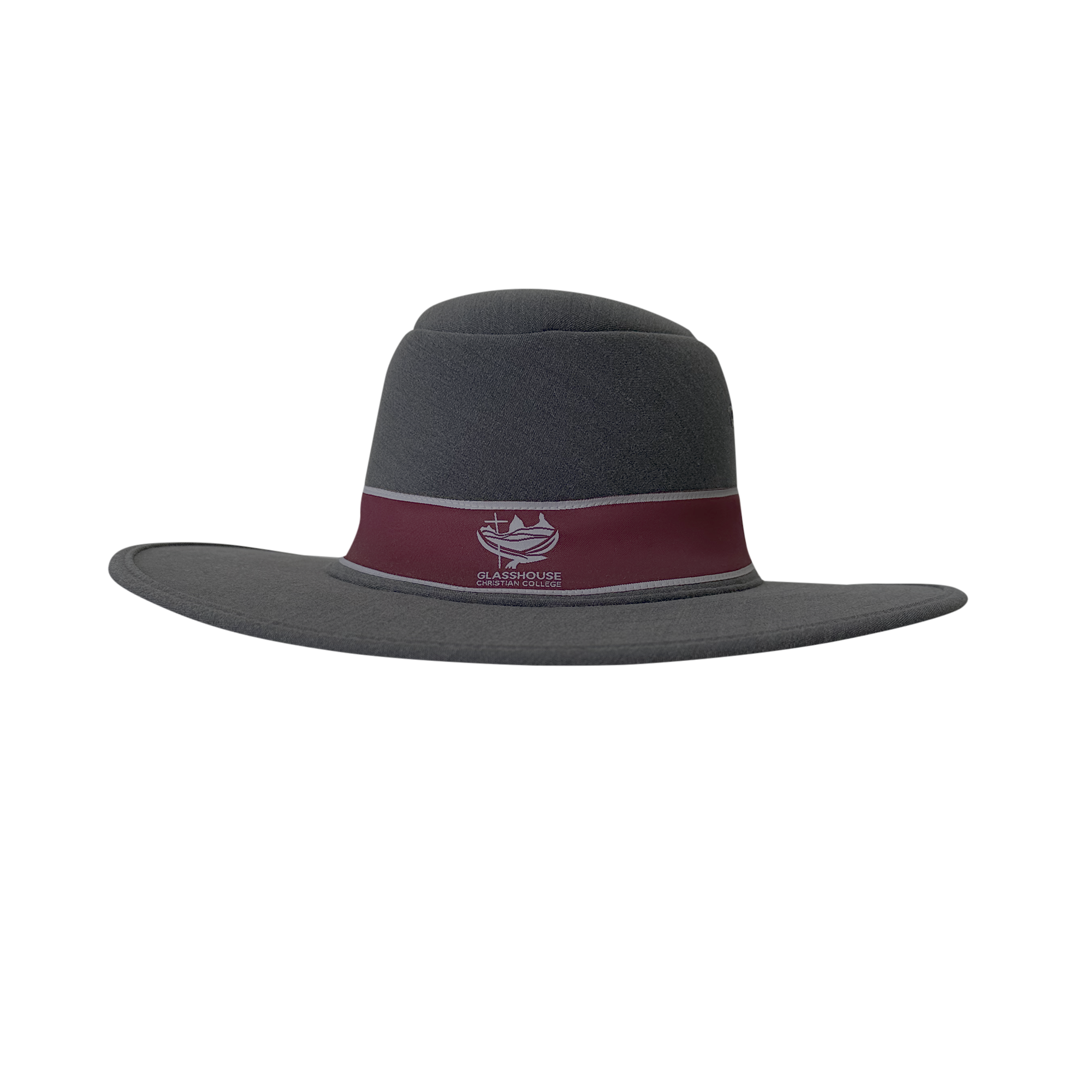 Grey and maroon custom branded school formal foam hat by Uniform Link