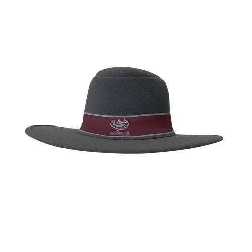 Grey and maroon custom branded school formal foam hat by Uniform Link