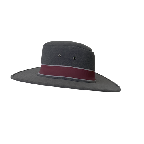 Grey and maroon custom branded school formal foam hat by Uniform Link