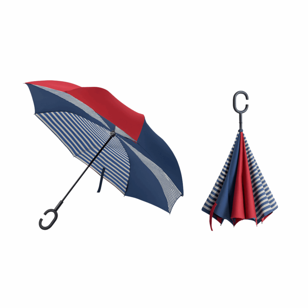 Red and navy stripe inverted umbrella, ready to be customised with your brand.