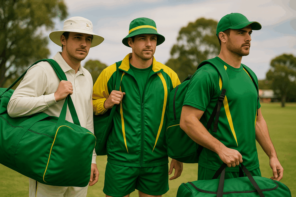 Three cricket players wearing various white, green and yellow cricket uniforms and custom hats in Australia.
