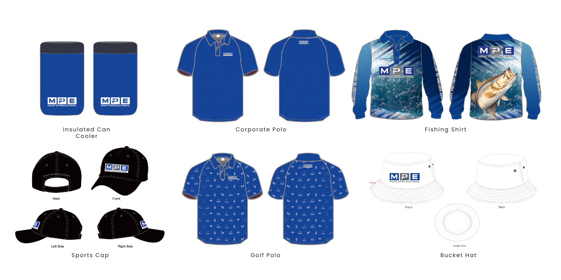 Mount Peter Electrical product range board including corporate polo, fishing shirt, sublimated polo and custom headwear.