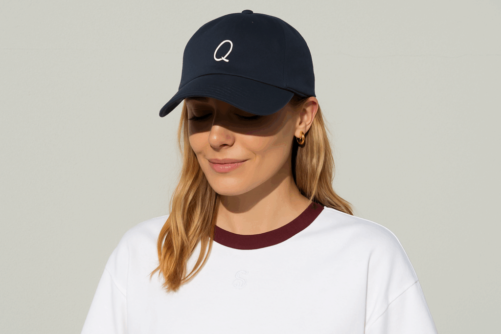 Woman smiling looking down wearing a dad cap.