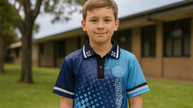 Seniors sublimated polo Year 6 Student wearing a seniors polo