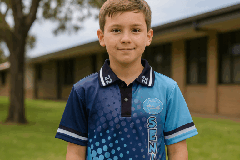Seniors sublimated polo Year 6 Student wearing a seniors polo