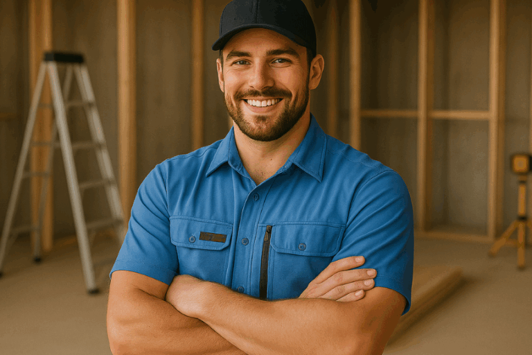 Custom work shirt Blue work shirt of a trades man inside of a residential job site.