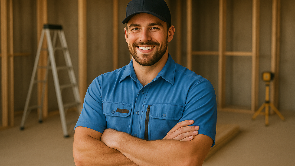 Custom work shirt Blue work shirt of a trades man inside of a residential job site.